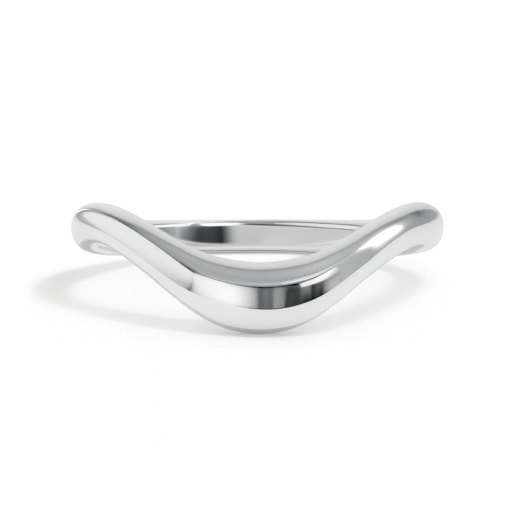 Elegant silver wave ring with a smooth, flowing design, reflecting light subtly. The minimalistic style conveys sophistication and modernity.