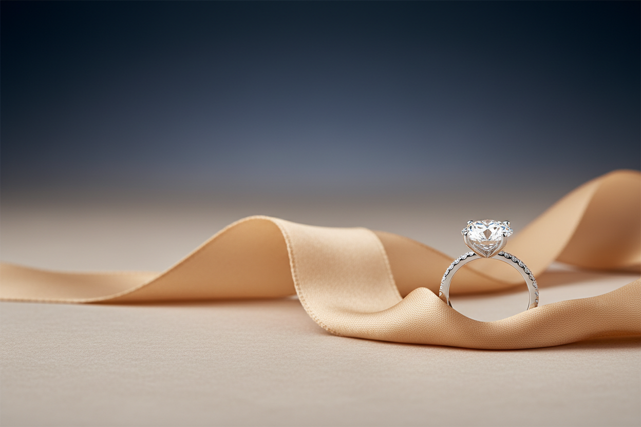 Close-up of a lab-grown diamond engagement ring, ethically sourced and independently certified for quality and transparency.