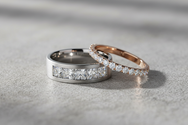 Paired ethical wedding bands featuring lab-grown diamonds and recycled metals by Stienhardt & Stones