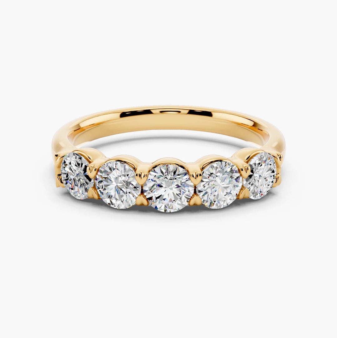 Five stone classic basket diamond ring in yellow gold, face up view