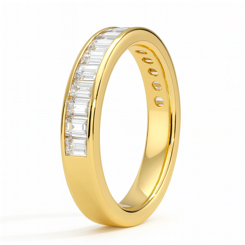 A gold band ring with a row of rectangular-cut clear gemstones set along one side, reflecting light elegantly. The ring conveys luxury and elegance.