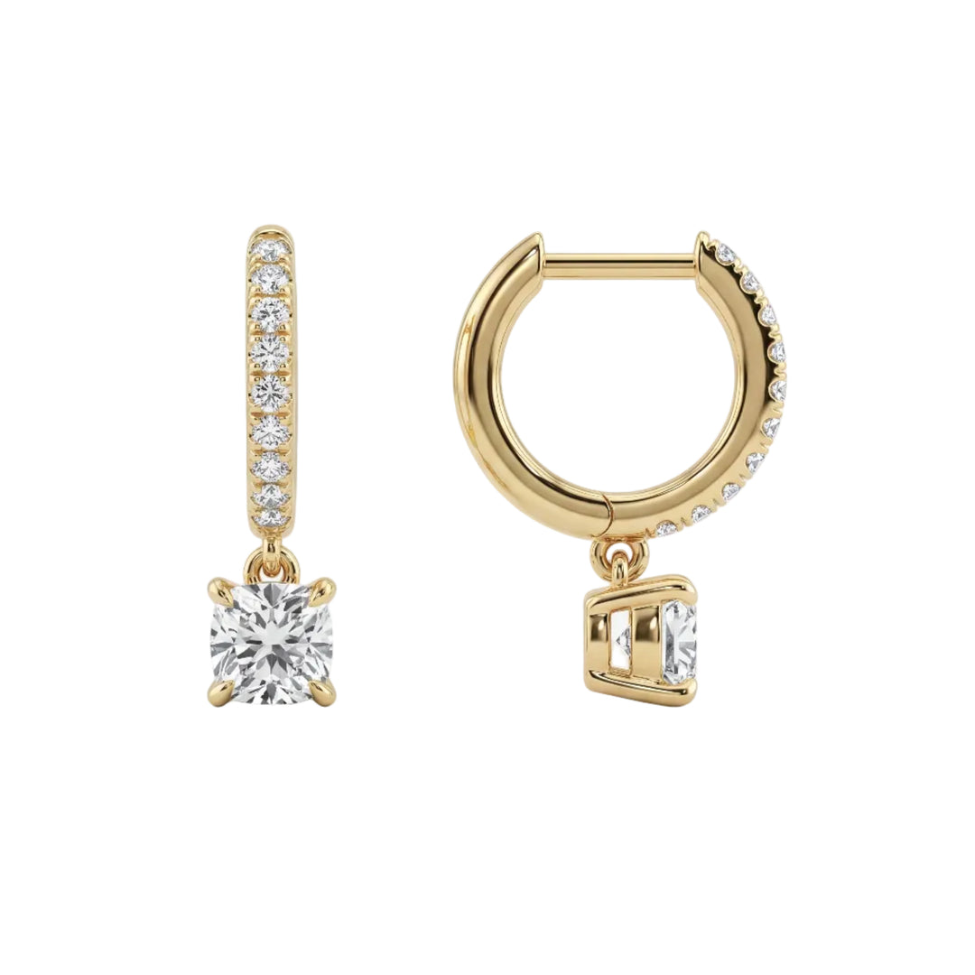 Cushion Pave Hoops: Gold hoop earrings with pave diamonds and a cushion-cut diamond drop.