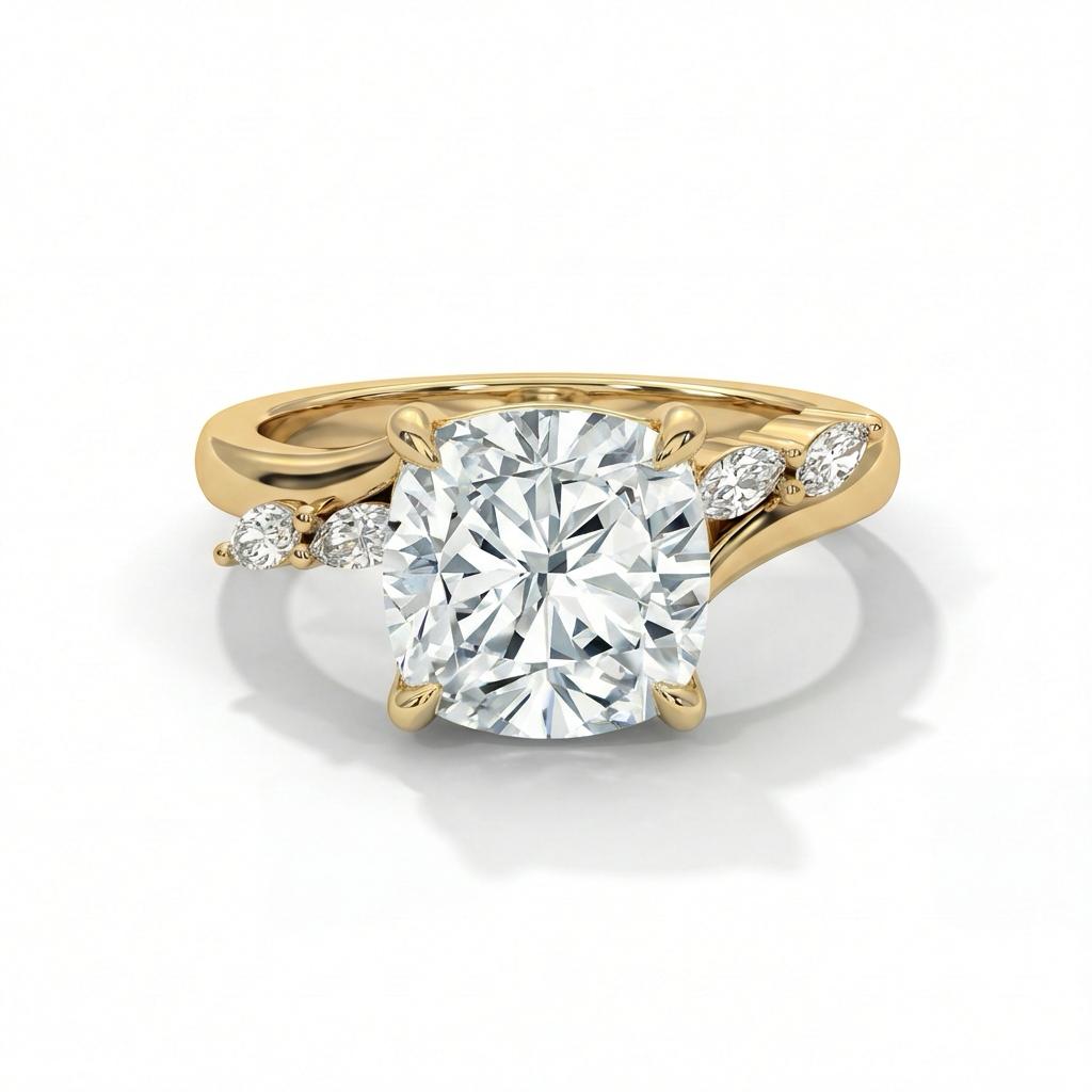 A gold engagement ring with a large, radiant-cut diamond in the center, flanked by smaller marquise-shaped diamonds, exudes elegance and sophistication.