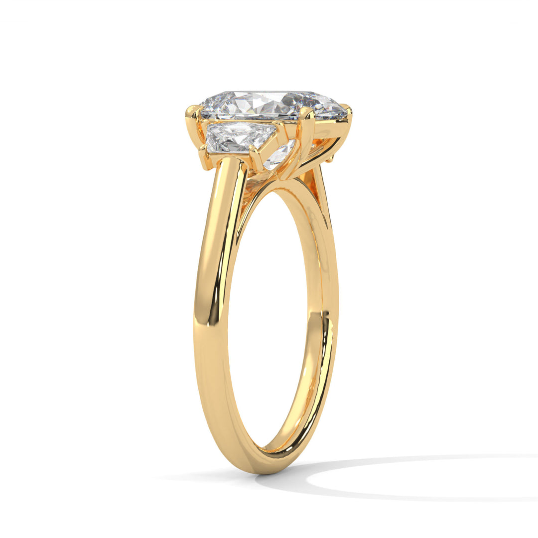 A gold engagement ring with a large, sparkling diamond set in a prong setting. The ring is elegant and sophisticated, evoking luxury and commitment.