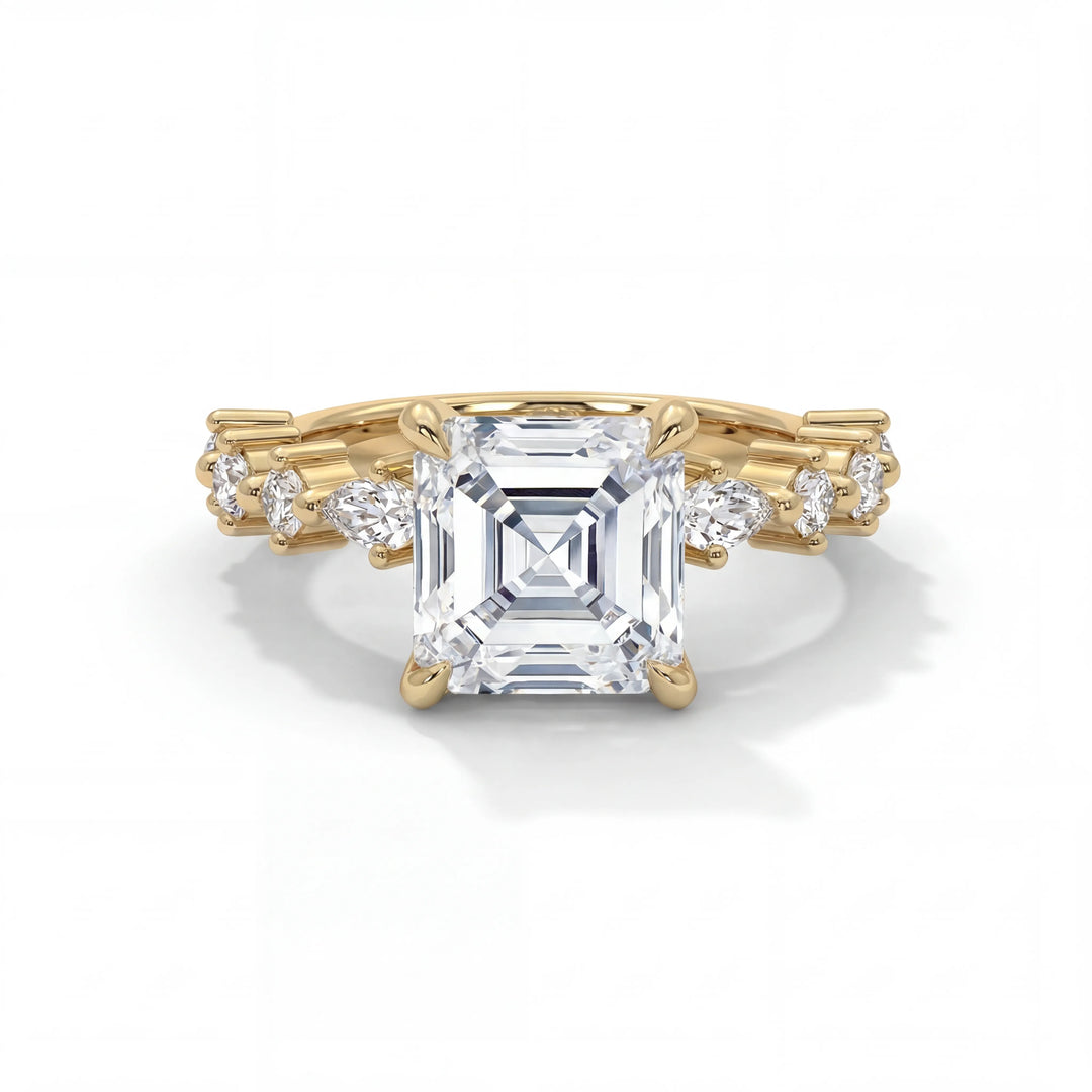 A gold engagement ring with a large, square-cut diamond in the center, flanked by small round diamonds on the band, exudes elegance and luxury.