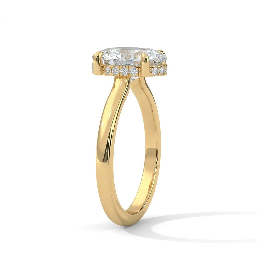 A gold engagement ring with a round, sparkling diamond surrounded by smaller diamonds in the setting. The elegant design conveys luxury and romance.