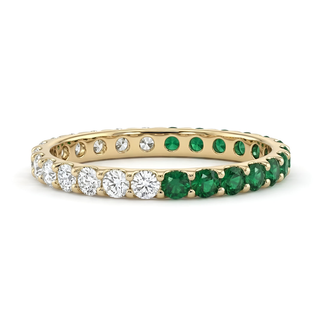 A gold eternity ring featuring alternating round green emeralds and white diamonds. The elegant design conveys luxury and sophistication.