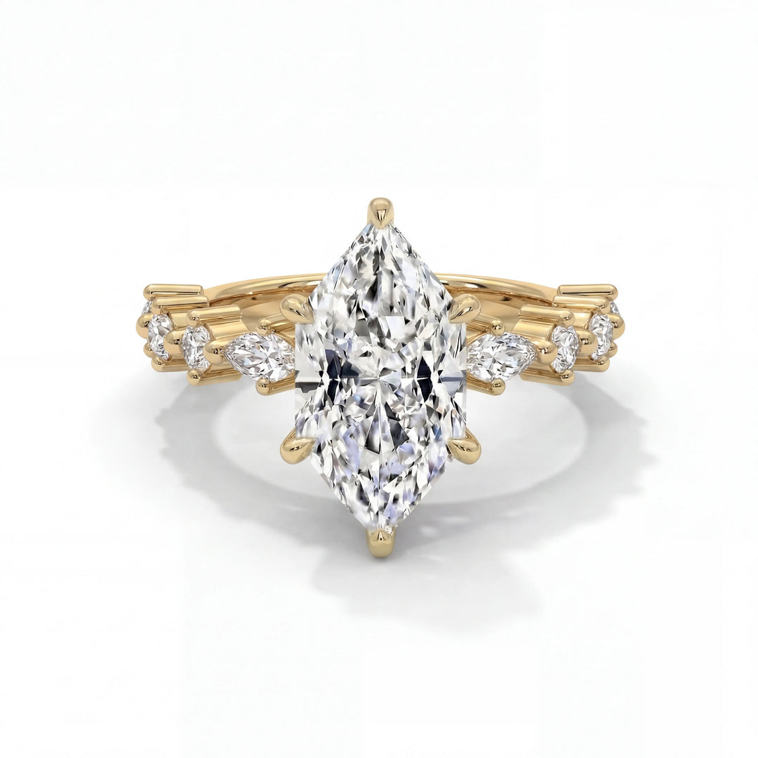 Gold ring featuring a large marquise-cut diamond at center, flanked by smaller round diamonds. Intricate, elegant, and luxurious design.