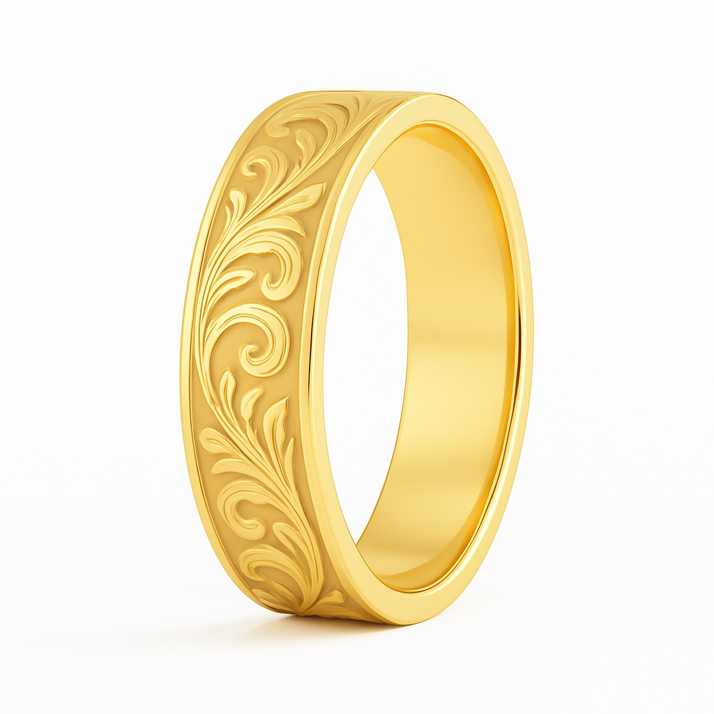 A gold ring with intricate, swirling leaf engravings on its band, conveying elegance and craftsmanship against a plain white background.