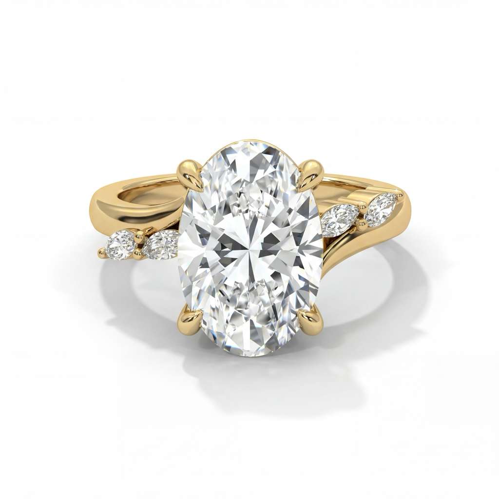 Gold ring with a large diamond and smaller diamonds on the band against a white background