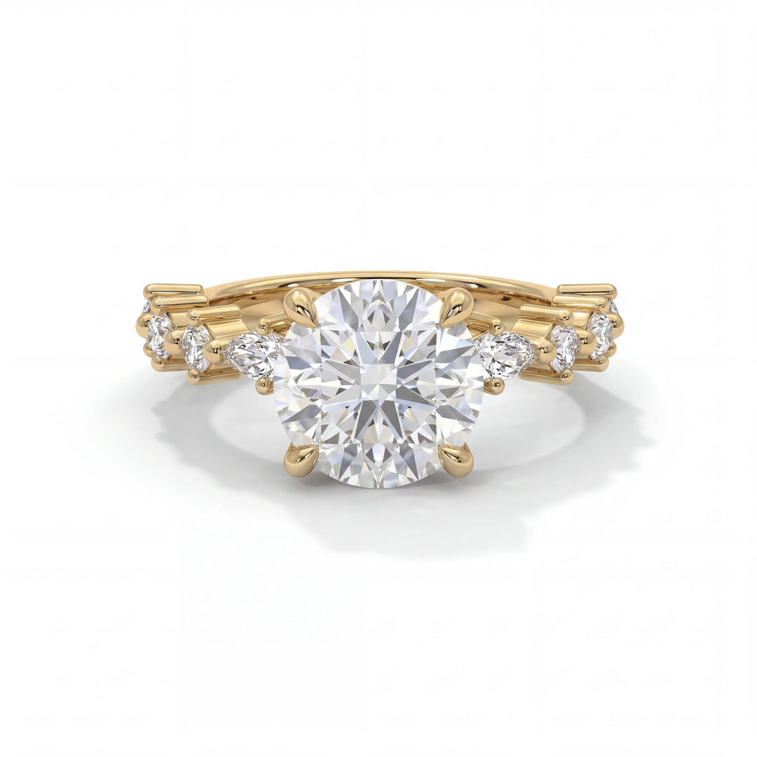 Gold ring with a large round diamond center stone, flanked by smaller diamonds on the band. The elegant design conveys luxury and sophistication.