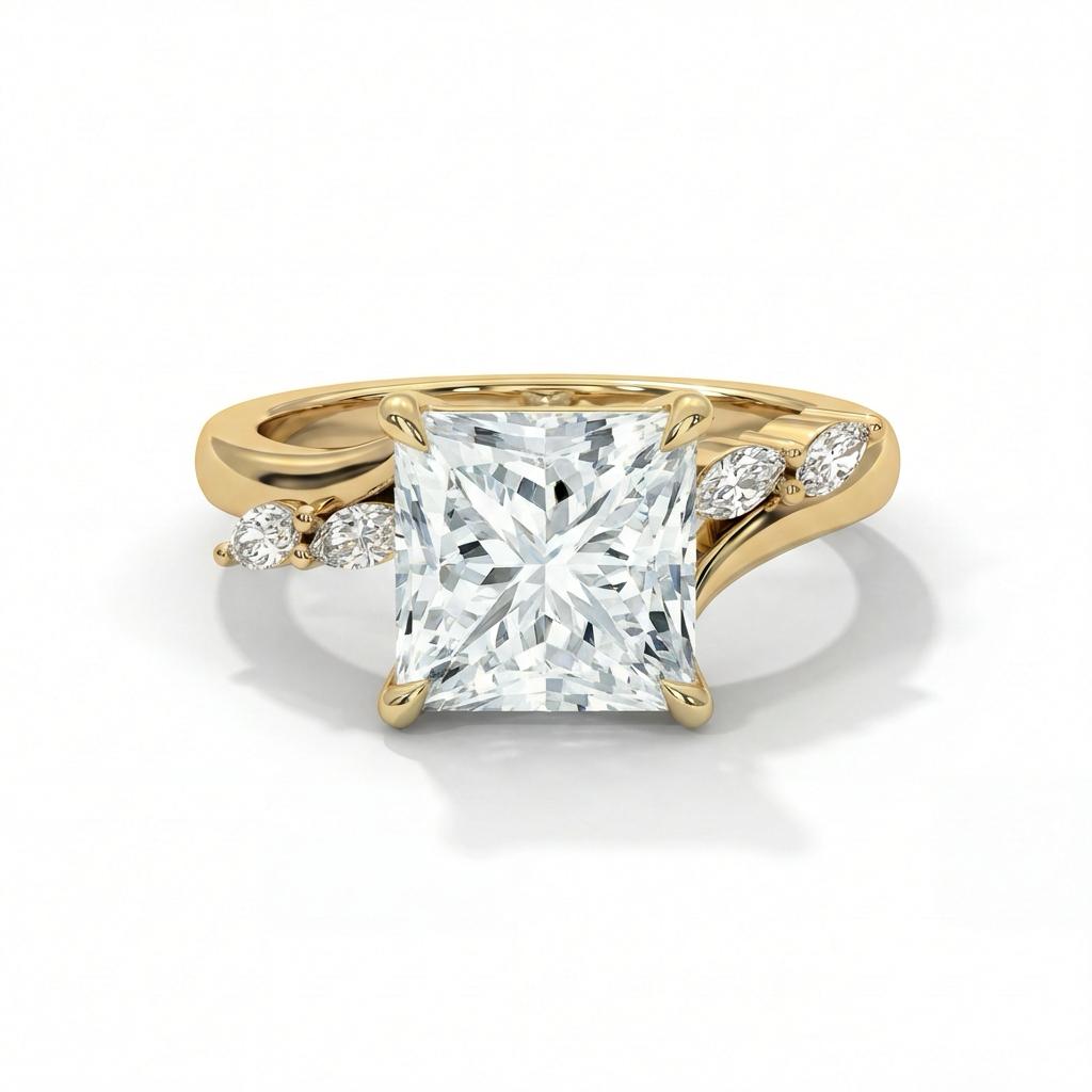 Gold ring with a large square diamond center, flanked by smaller marquise and round diamonds on the band, set against a white background. Elegant and luxurious.