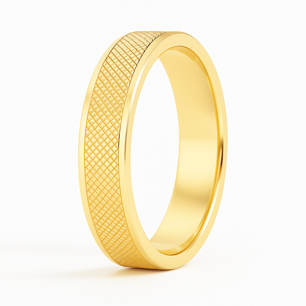 A gold ring with a polished interior and a textured, crisscross pattern on its exterior. The ring's smooth shine and intricate design convey elegance.