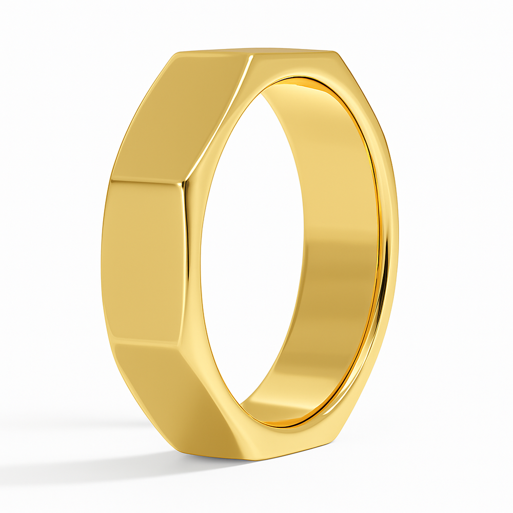 A gold ring with a rounded hexagonal shape and smooth finish. The design is minimalist and modern, set against a plain white background.