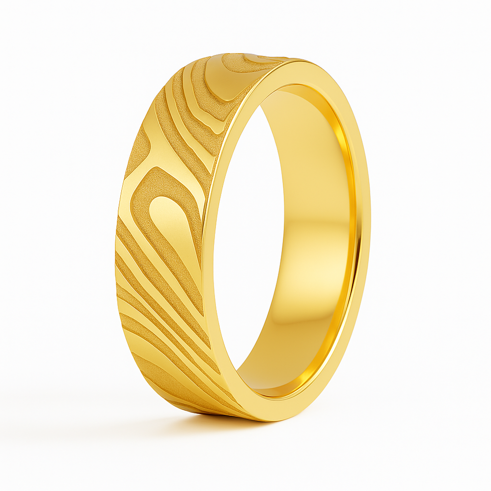 A gold ring with a smooth interior and an exterior featuring a wavy, textured pattern. The design is elegant, conveying a sense of luxury.