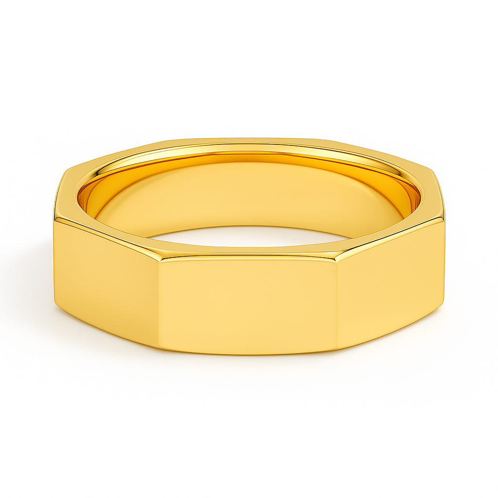 Hexagonal gold wedding band with a smooth, polished finish. The ring's unique shape adds a modern, stylish touch against a plain white background.