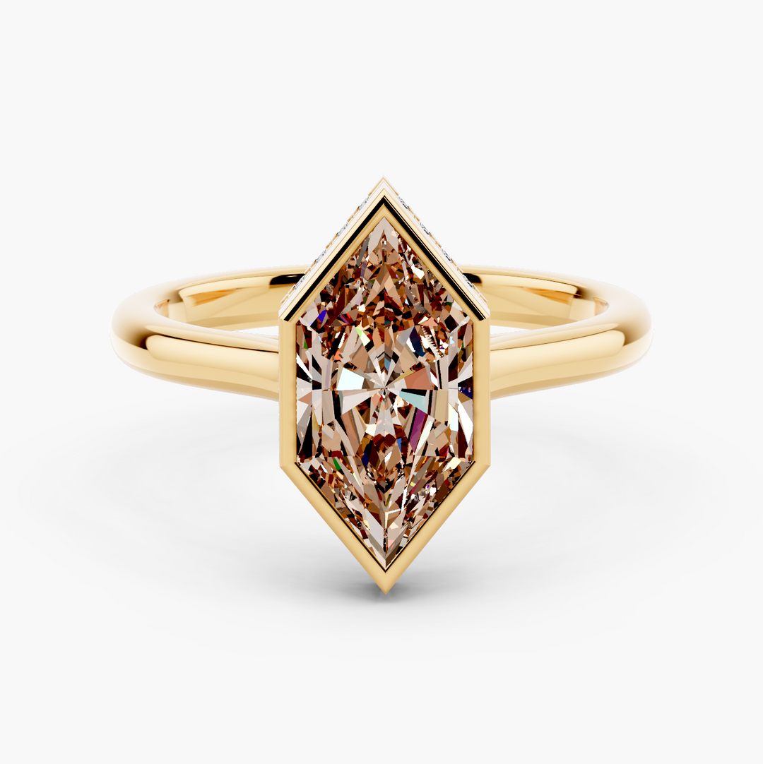 Hidden Halo Bezel Champagne Setting Dutch Marquise cut engagement ring in 14k Yellow Gold