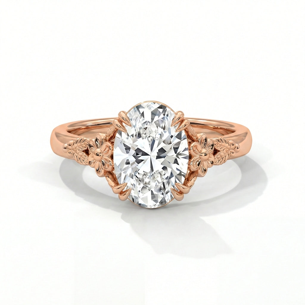 Rose gold ring with a large diamond on a white background