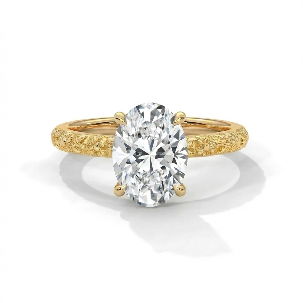 Gold ring with a large diamond on a white background