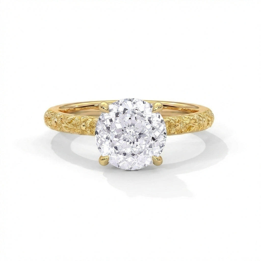 Gold ring with a large diamond on a white background