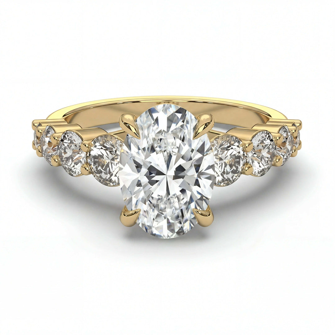 Graduating Setting Engagement Ring with cascading round diamonds in 14k yellow gold band
