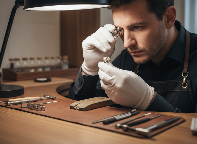 Professional jewelry inspection checking prongs and stone settings for damage