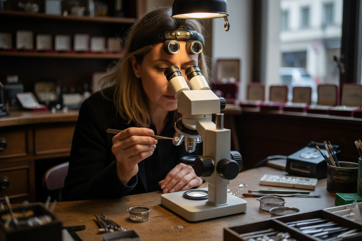 Certified gemologist inspecting a lab-grown diamond for brilliance and quality