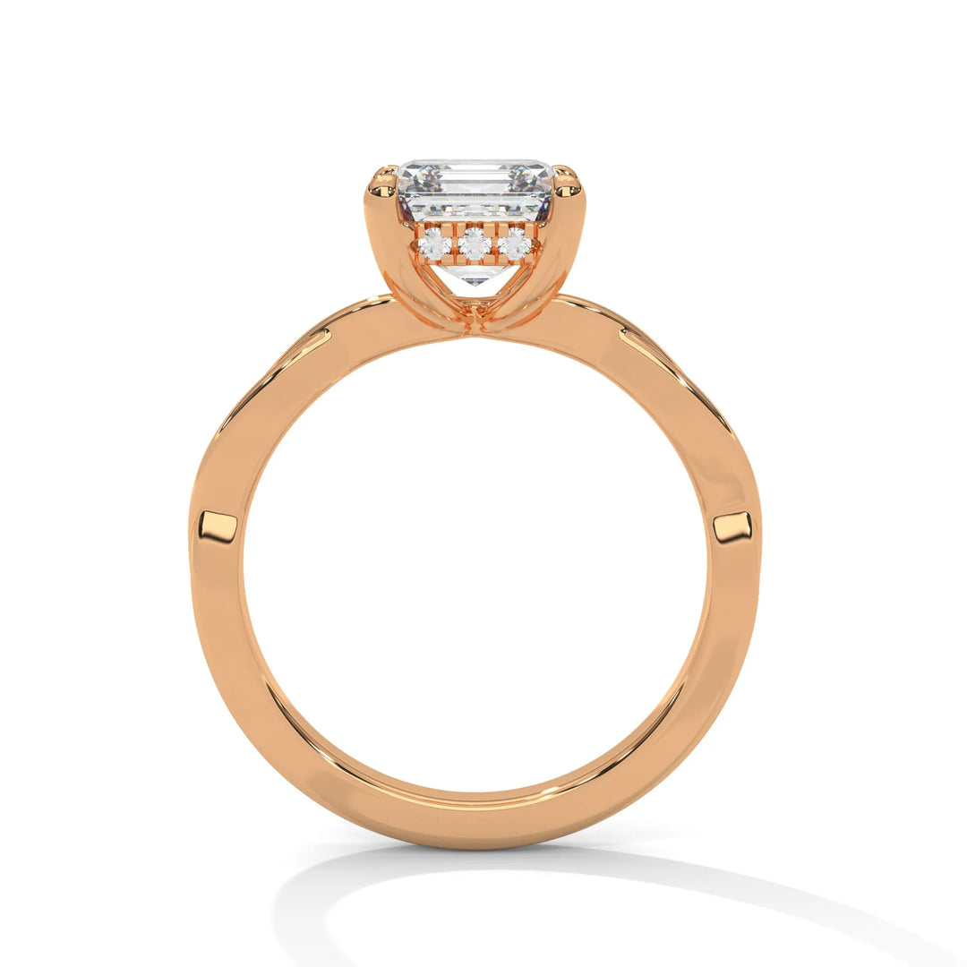 A rose gold engagement ring adorned with a asscher cut diamond center, featuring the elegant Kosina setting for added charm.