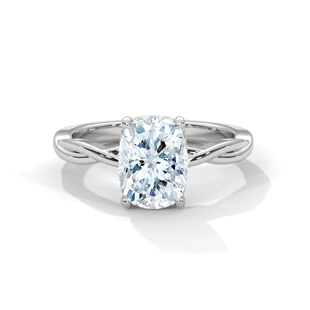 A stunning 14k white gold engagement ring with a long cushion cut diamond, beautifully crafted in the Kosina setting.