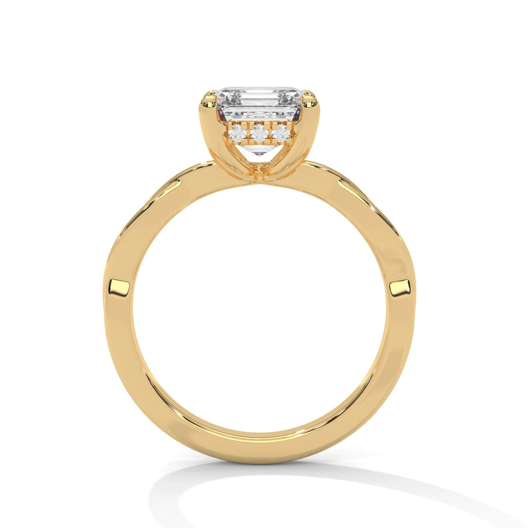 A yellow gold engagement ring adorned with a asscher cut diamond center, featuring the elegant Kosina setting for added charm.