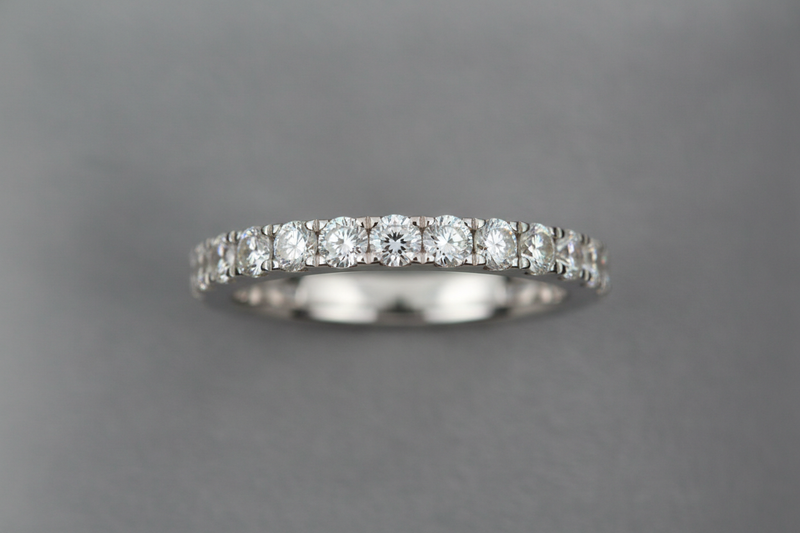 Luxury eternity wedding band photographed from top angle, full diamond circle, neutral background, refined lighting, premium jewelry aesthetic