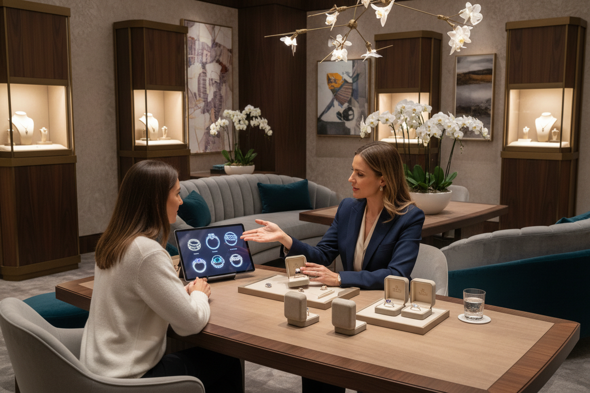 Jewelry designer consulting client on custom ring design