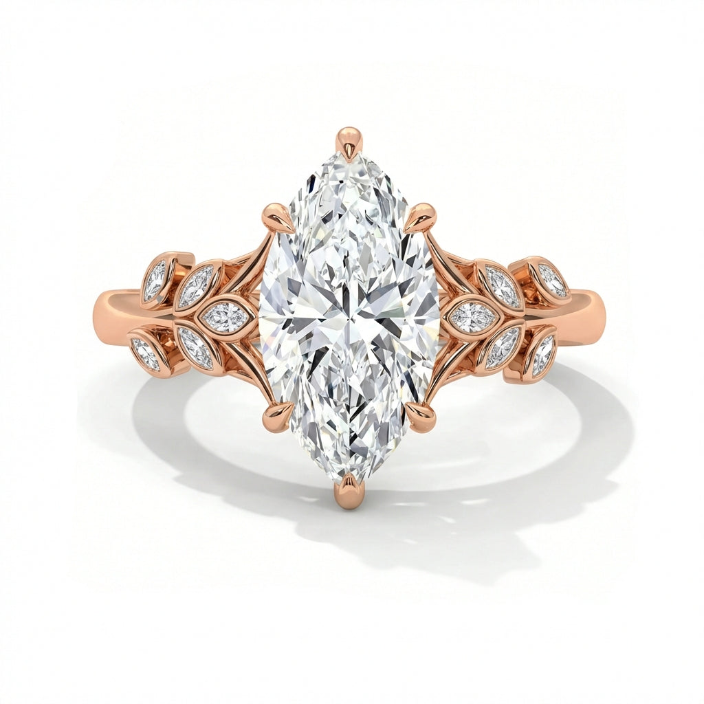 Marquise cut diamond engagement ring in 14k rose gold with nature inspired floral leaf setting and pave diamond accents