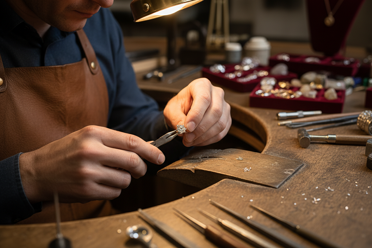 Master bench jeweler working on a wedding band at a jewelry workbench, close-up hands, precision tools, warm lighting, authentic craftsmanship, luxury jewelry workshop