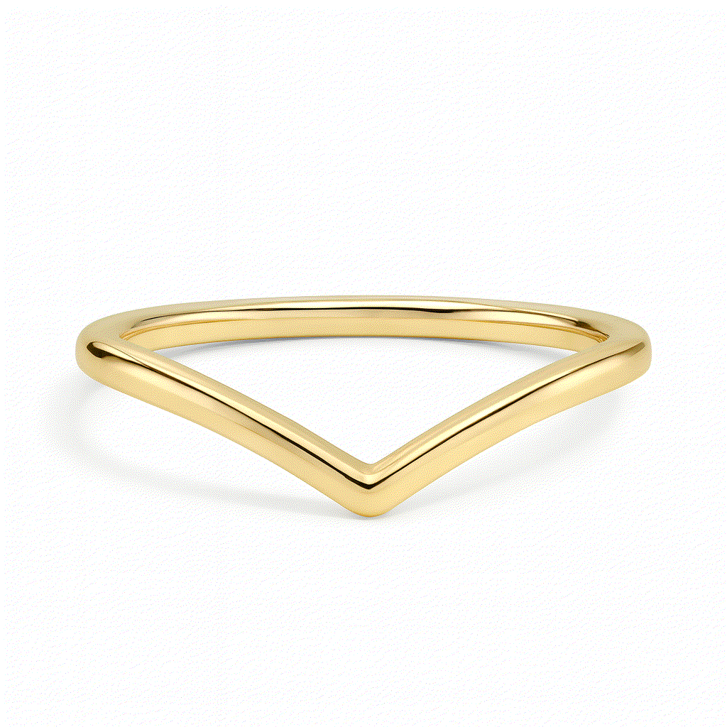 A minimalist, gold V-shaped ring with a sleek and shiny finish, set against a plain white background, conveying elegance and simplicity.