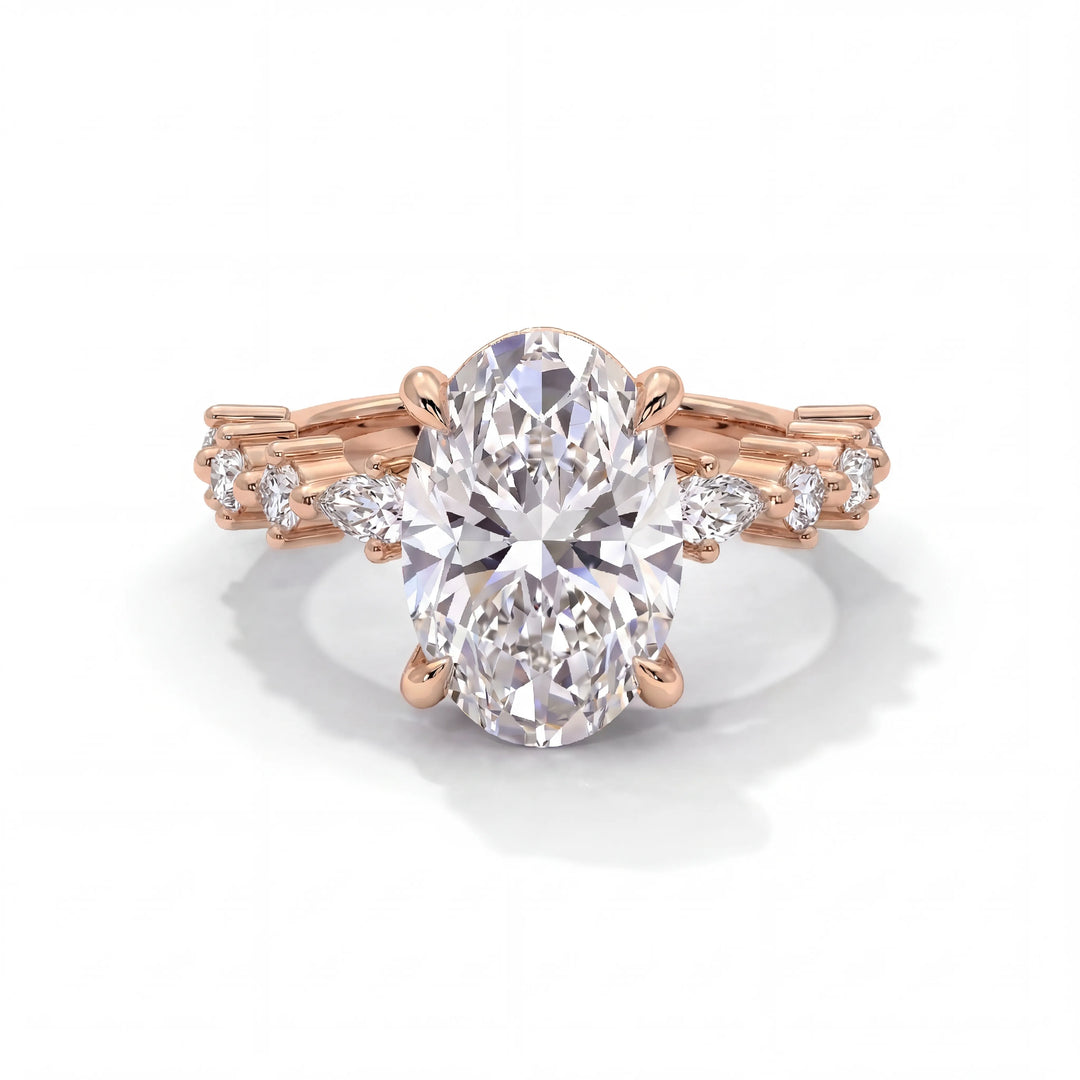 Oval diamond ring with a rose gold band and small side diamonds. The intricate design and sparkling stones convey elegance and luxury.