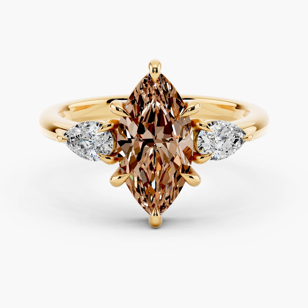 Paloma Three Stone Champagne Setting Marquise cut engagement ring in 14k Yellow Gold
