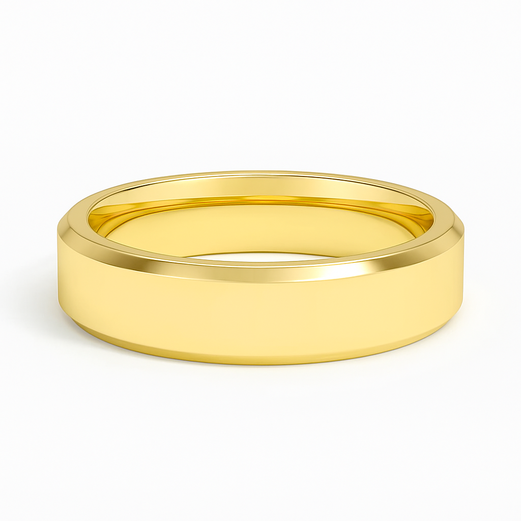 A polished, flat gold band ring shown on a white background. The ring's smooth, shiny surface reflects light, conveying elegance and simplicity.