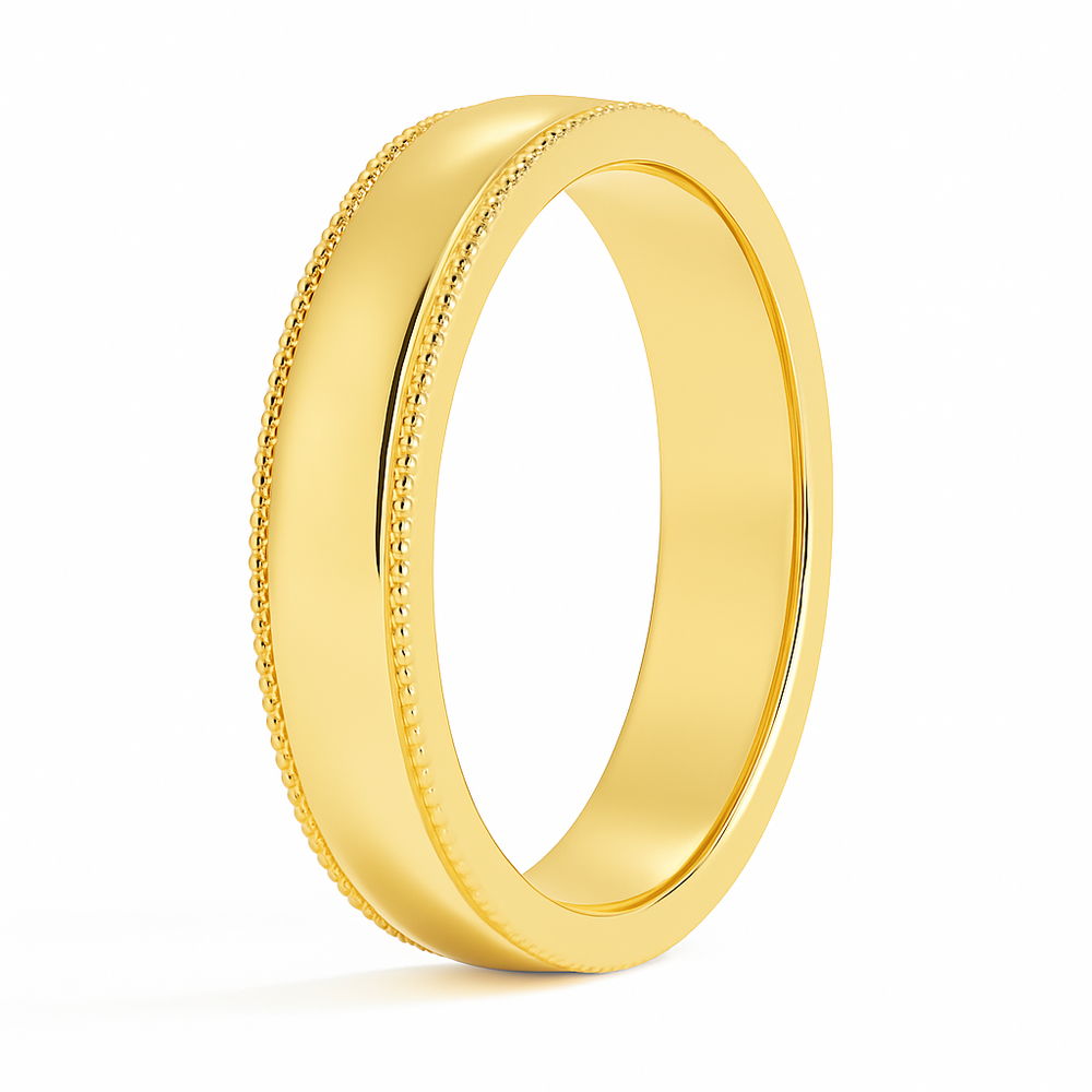 A polished gold ring with a smooth surface and intricate beaded edges, standing upright against a white background, conveying elegance and simplicity.