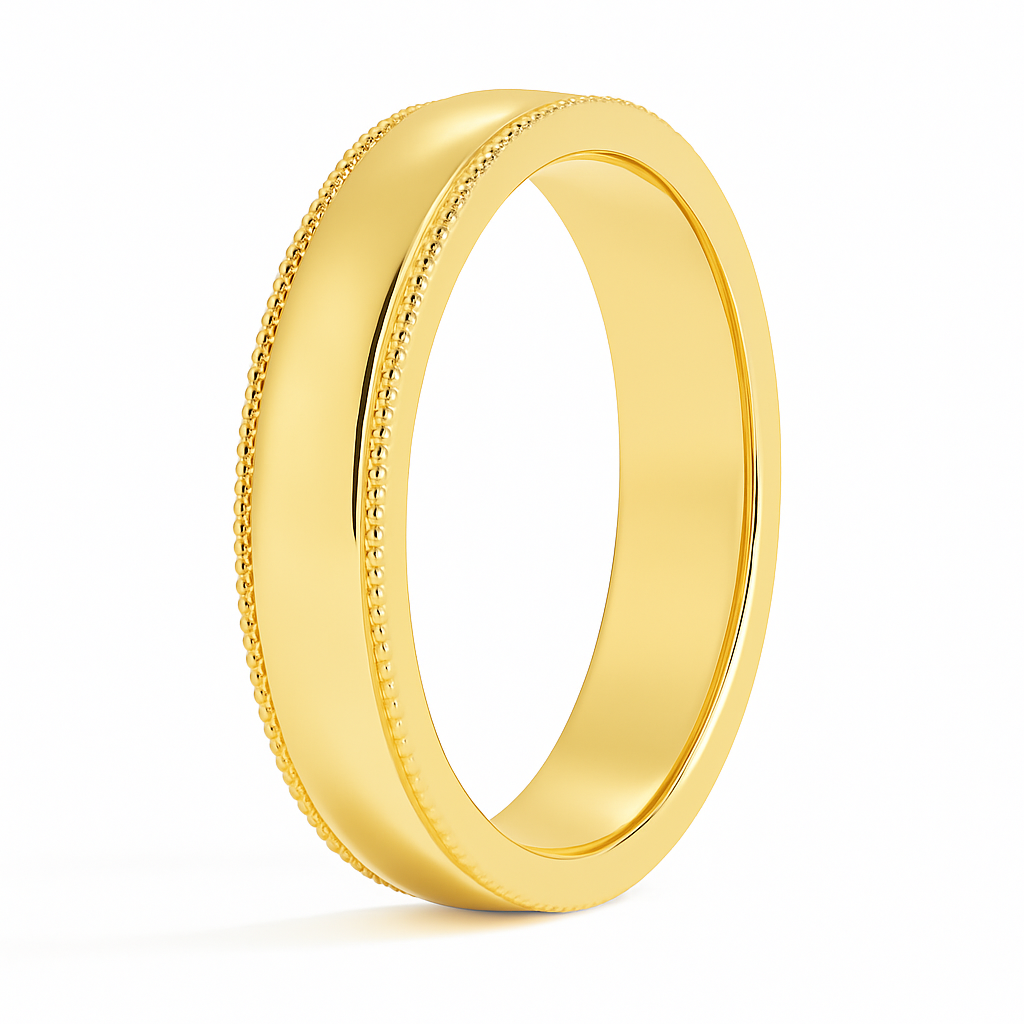 A polished gold ring with a smooth surface and intricate beaded edges, standing upright against a white background, conveying elegance and simplicity.