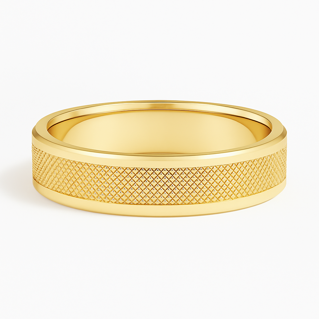 A polished gold ring with a textured, woven design around the band. The ring conveys elegance and sophistication on a plain white background.