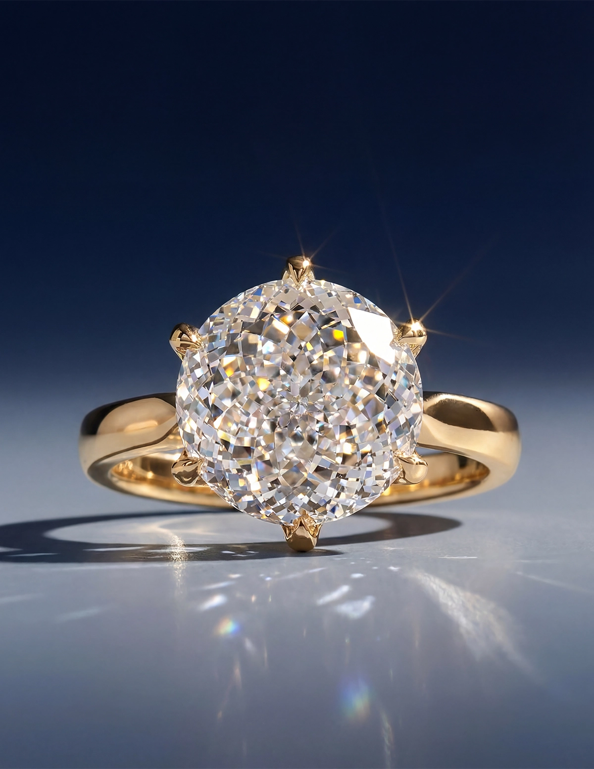 Portuguese round brilliant diamond engagement ring in classic yellow gold solitaire setting, close-up studio shot on reflective surface