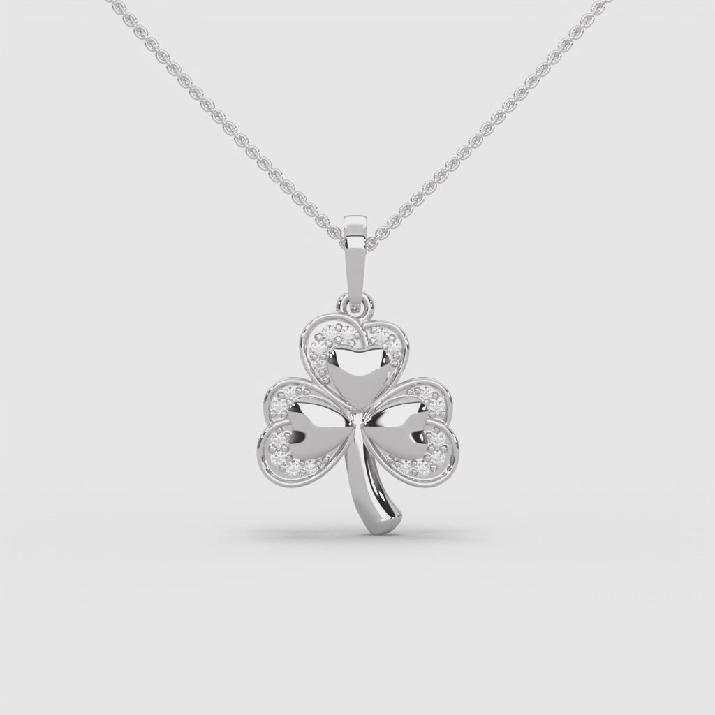 0.1ctw Round Lab Grown Diamond 3 Leaf Clover Pendant Necklace | 14k White Gold