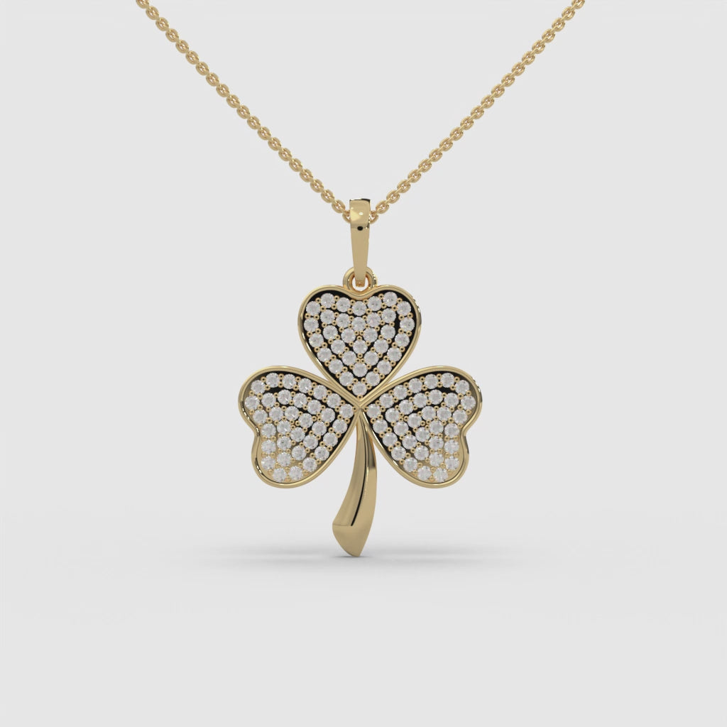 0.9ctw Round Lab Grown Diamond Pave 3 Leaf Clover Pendant Necklace | 14k Gold