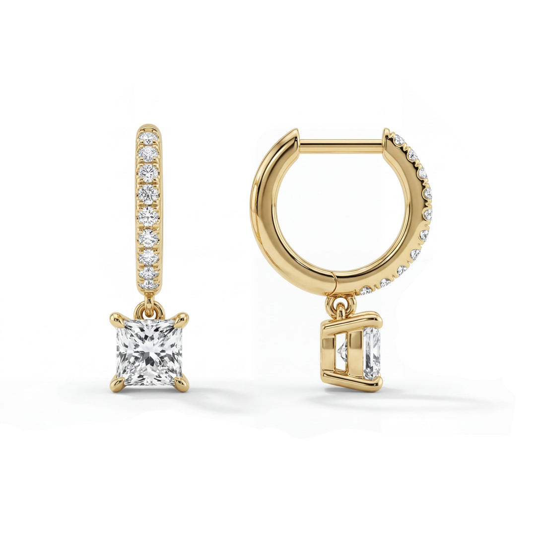 Princess Pave Hoop Earrings in Gold with Princess Cut Diamond dangles. Fine jewelry earrings design.