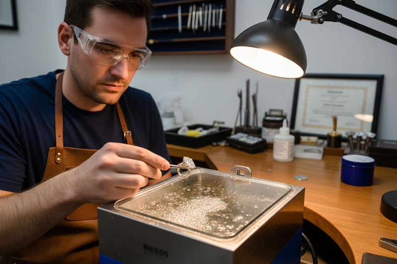 Professional jewelry cleaning service restoring brilliance and inspecting fine jewelry