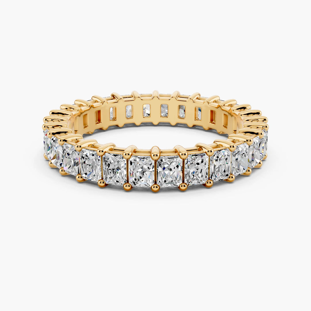 2 carat radiant cut diamond eternity band in yellow gold, face up view