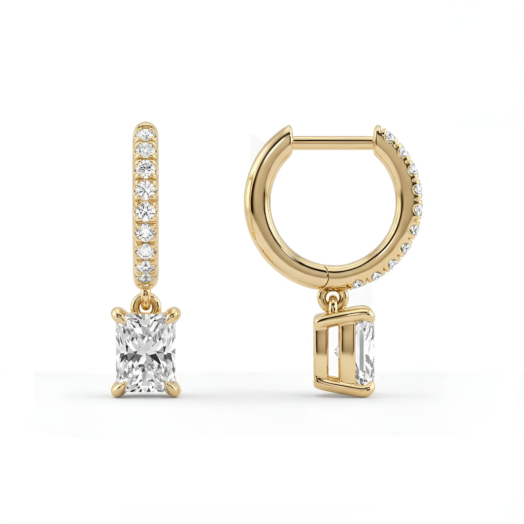 Radiant Pave Hoops: Gold huggie earrings with pave set diamonds & radiant cut drop. Elegant diamond jewelry.