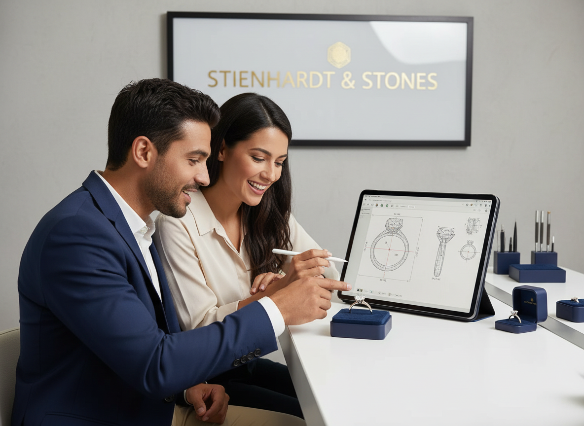 Final engagement ring displayed beside its CAD design rendering in a professional jewelry studio
