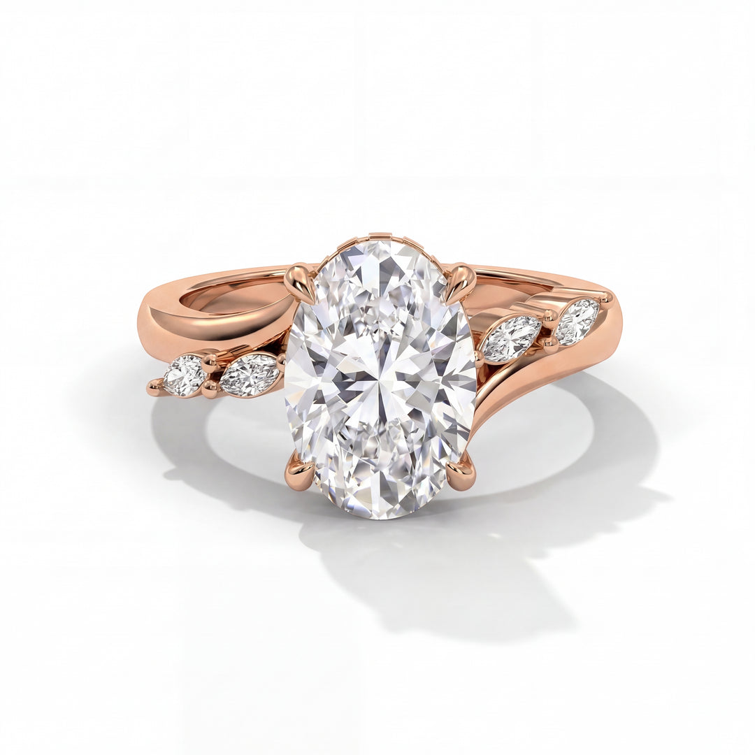 Rose gold engagement ring with a large oval diamond in the center, accented by smaller round and marquise diamonds on the band, radiating elegance.